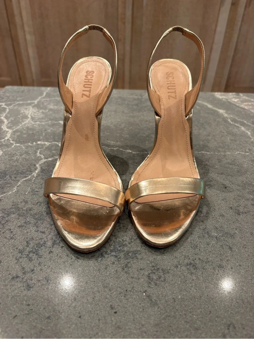 SCHUTZ Metallic Gold Slingback Stiletto Sandals